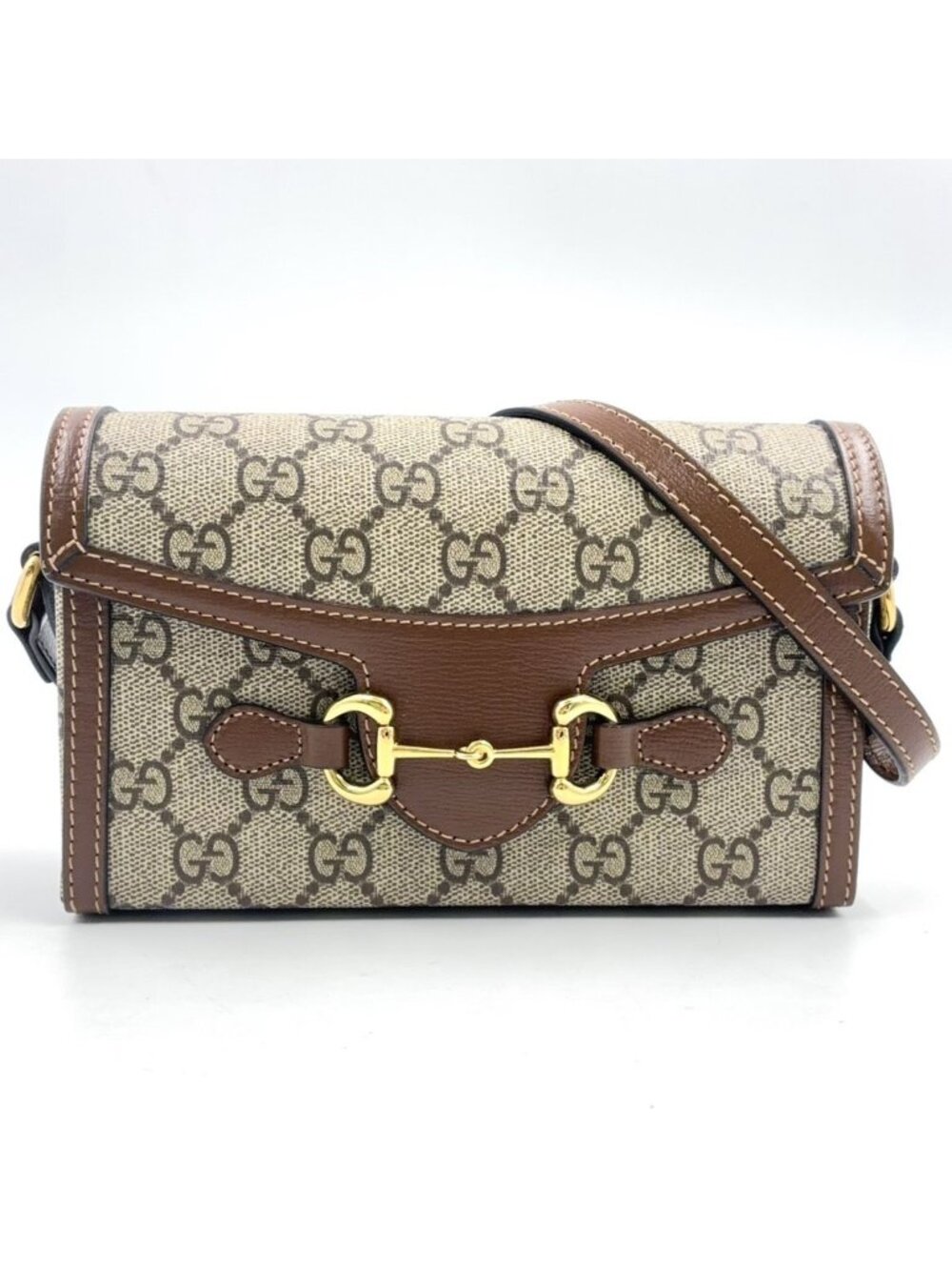 Gucci Horsebit 1955 Leather Brown Beige Shoulder Bag Gold